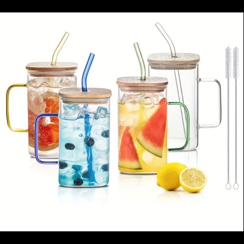 4pc Glass Cup with Lid and Straw